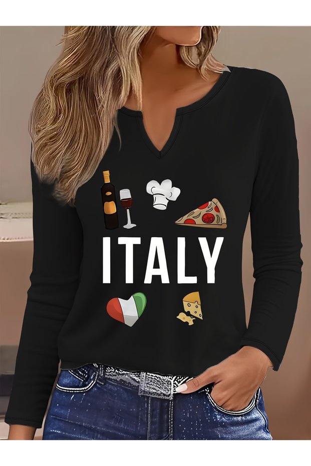 Printed Cotton-Stretch Fabric Half-V-Neck Long-Sleeve Blouse