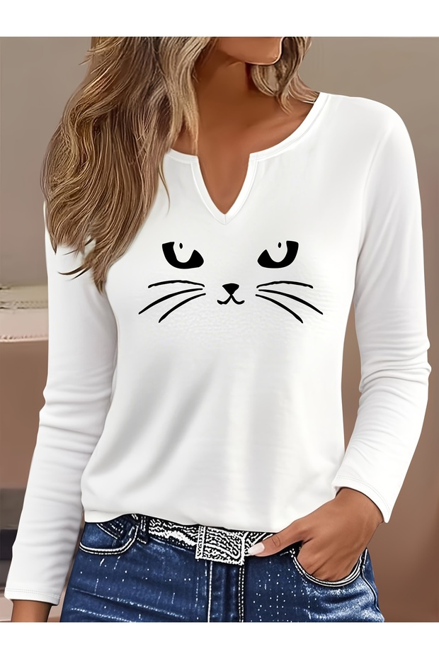 Printed Cotton-Stretch Fabric Half-V-Neck Long-Sleeve Blouse