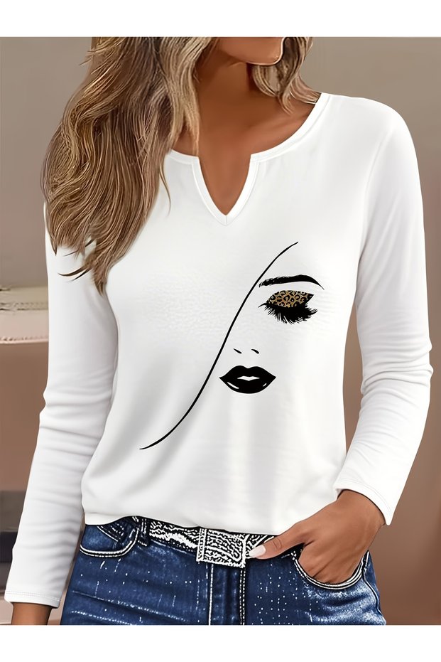 Printed Cotton-Stretch Fabric Half-V-Neck Long-Sleeve Blouse