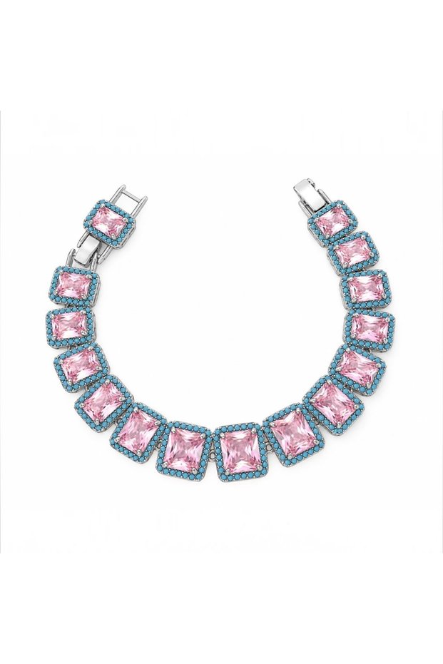 Nesly Custom Design - Sparkling Bracelet with Pink Square-Cut Zircon Stones and Turquoise Accents