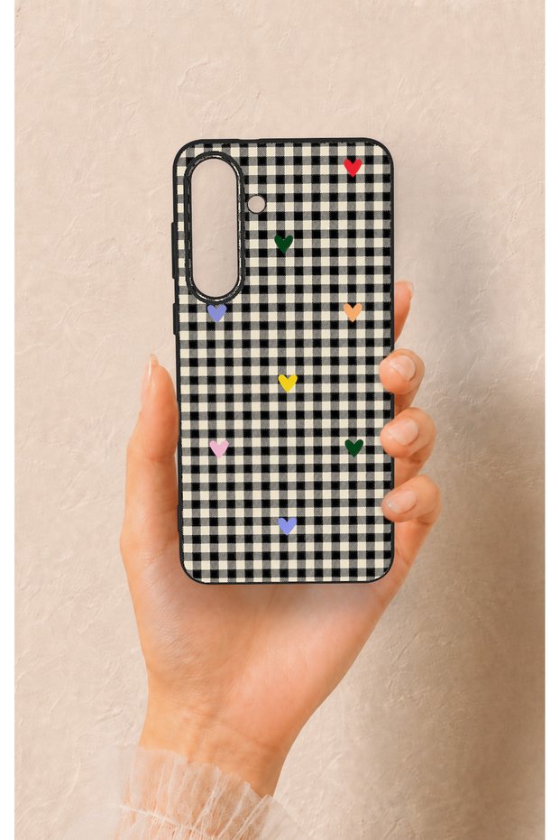 Samsung S25Fe Compatible Silicone Case with Heart-Shaped Plaid Pattern