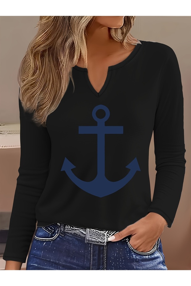 Printed Cotton-Stretch Fabric Half-V-Neck Long-Sleeve Blouse