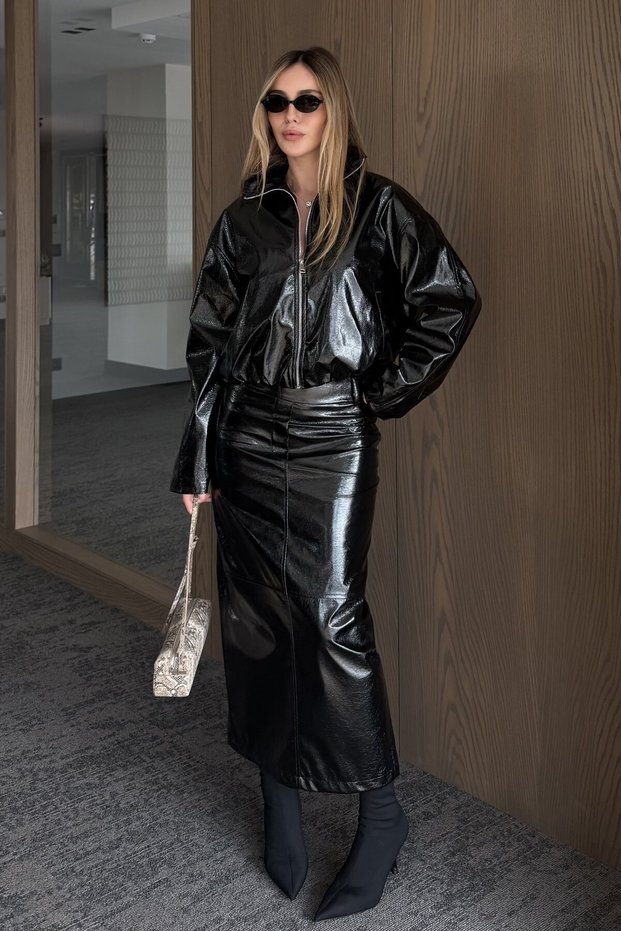 Black Shiny Leather Jacket and Skirt Set - 1151