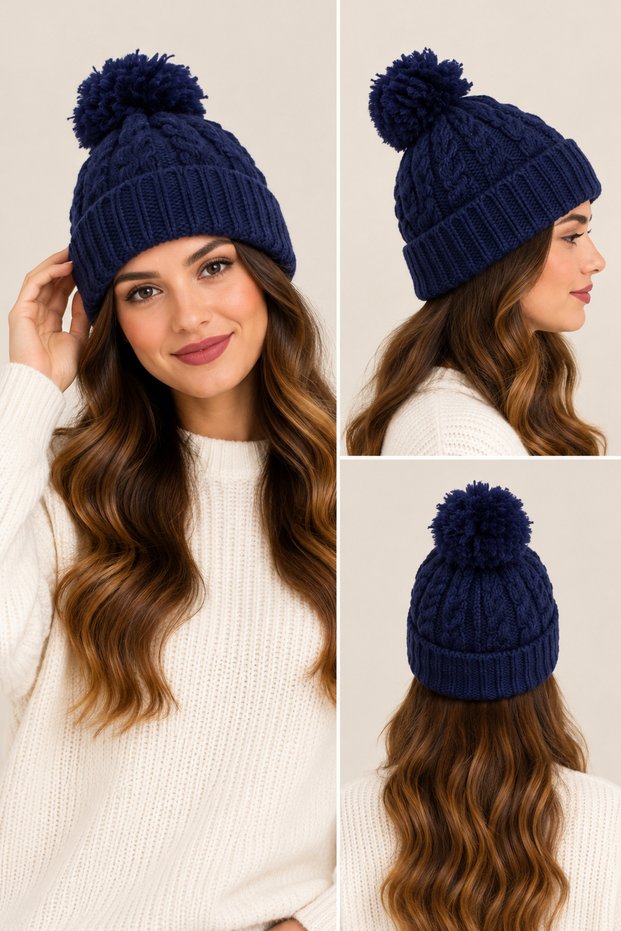 Women's Pom-Pom Knit Beanie – Soft-Textured Winter Knit Beanie