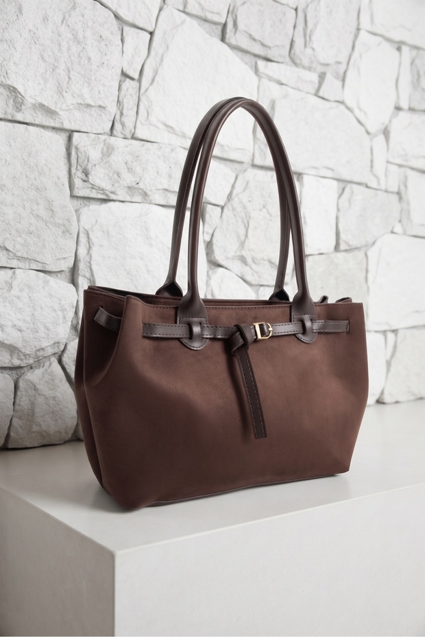 Women's Belt Detail Belgrade Suede Baguette Shoulder Bag, Brown