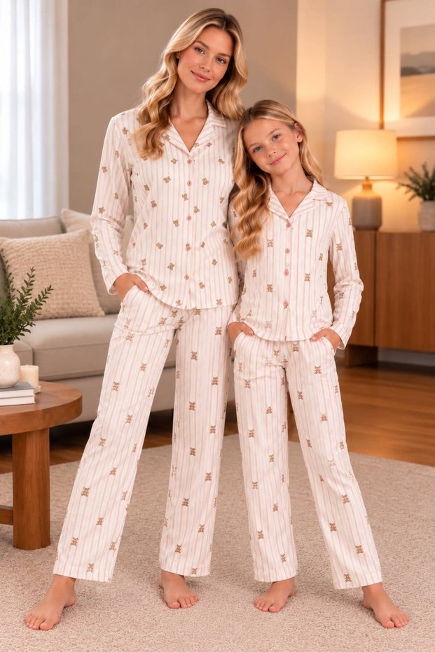 Mother-Daughter 100% Cotton Shirt Collar Pajama Set, Comes with a Free Pair of Socks