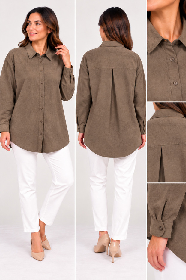 Women's Oversized Long Shirt Tunic – Button-Up, Long-Sleeved, Pleated Back