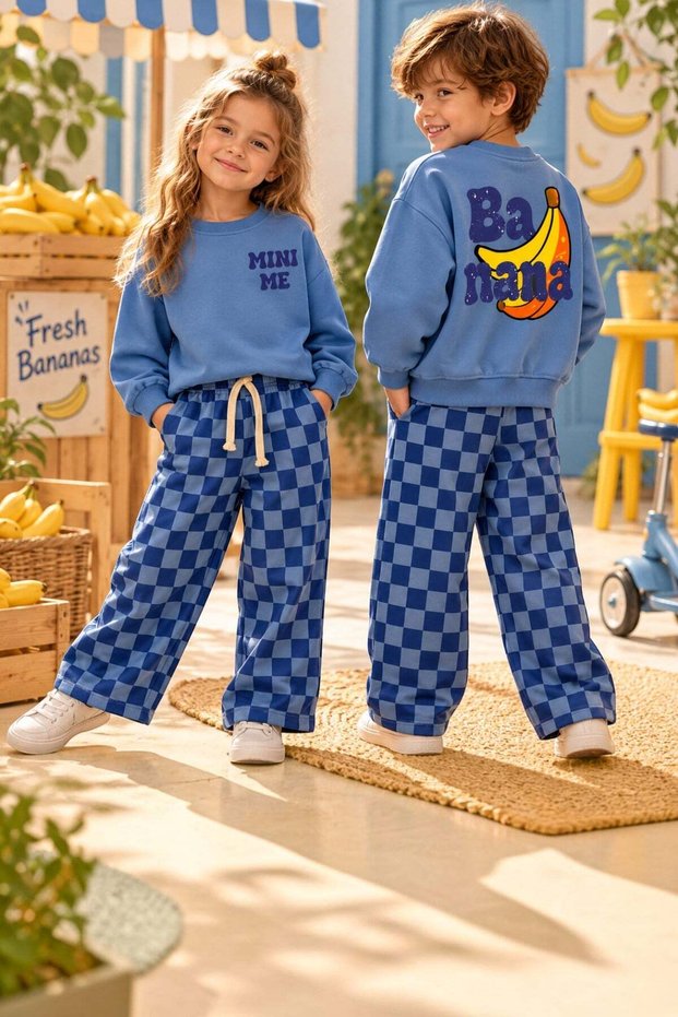 Girls' Banana-Print Sweatshirt and Checkered Pants 2-Piece Top and Bottom Set – Blue