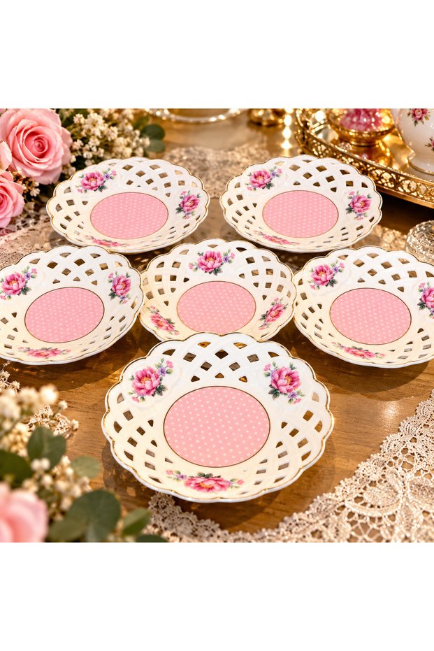 Luxury Porcelain 6-Piece Lace-Like Knit Tea Plate Set with Pink Rose Pattern and Gold-Gilded Stamping, 12 cm