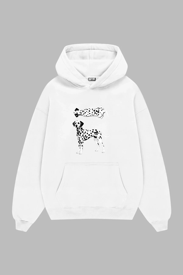 Dalmatian-Print Oversized Unisex White Hoodie