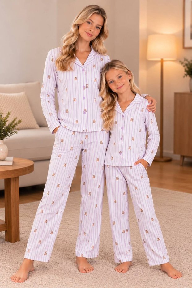 Mother-Daughter 100% Cotton Shirt Collar Pajama Set, Comes with a Free Pair of Socks