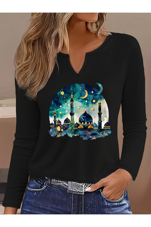 Ramadan-Printed Cotton-Stretch Fabric Half-V-Neck Long-Sleeve Blouse