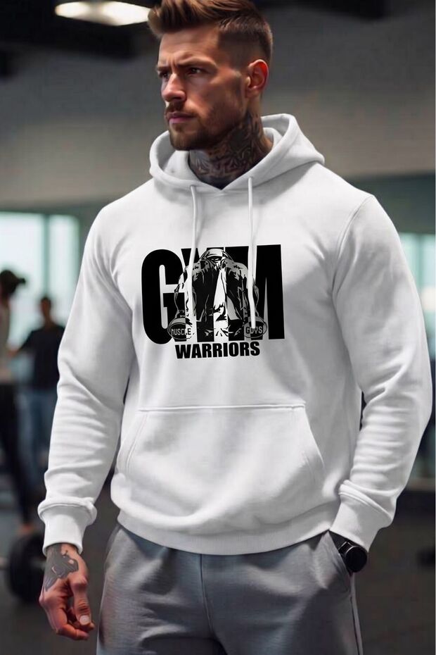 Men's White Gym Warriors Printed Hooded Sweatshirt