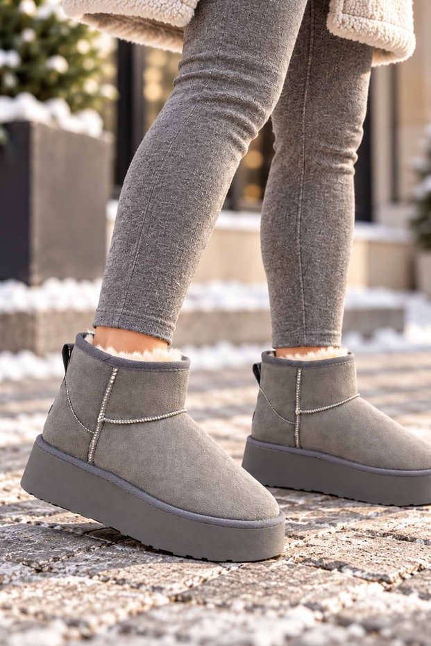 Women's Gray Winter Mini Boots with Thick Soles and Suede-Look Upper, Lined with Fur