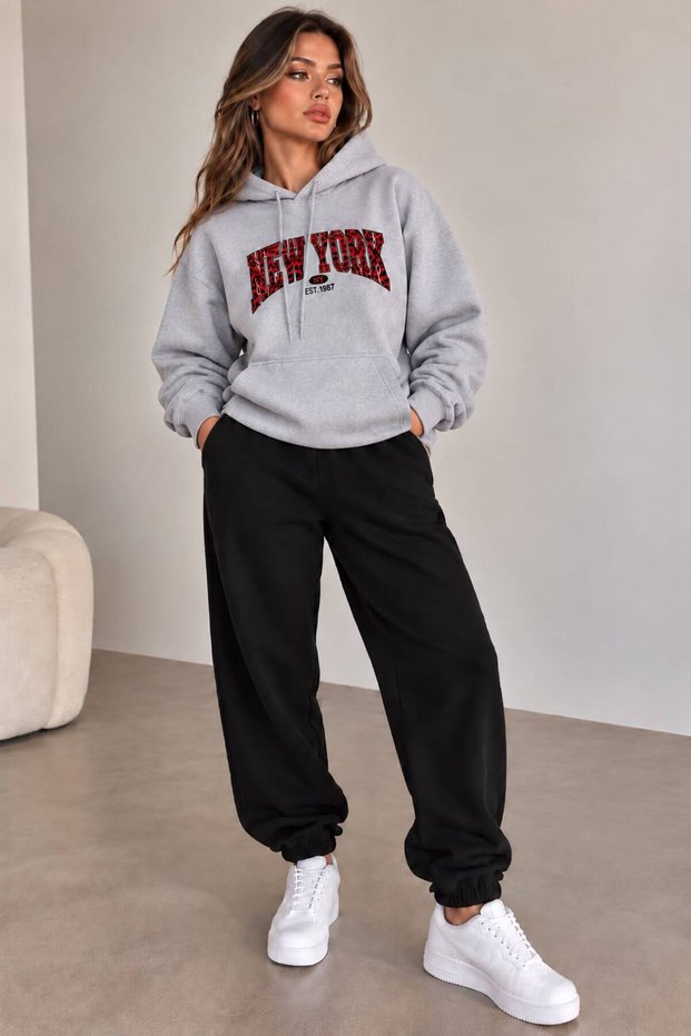 HOODED SWEATSUIT 2-PIECE SET WITH BRUSHED INSIDE SWEATPANTS AND TOP, NEW YORK PRINT