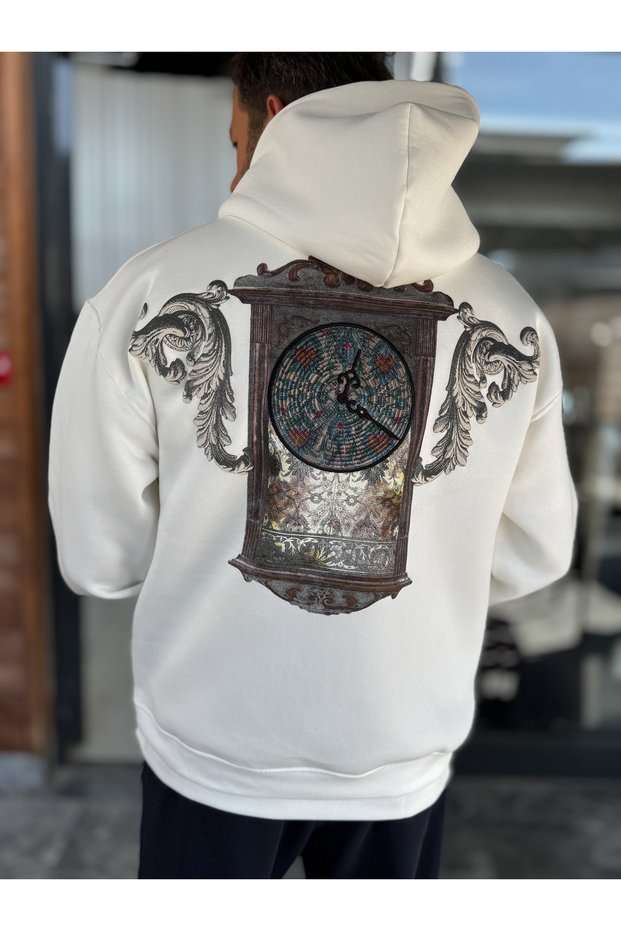 White Back-Printed Hooded Sweatshirt with Clock Design SW-5254