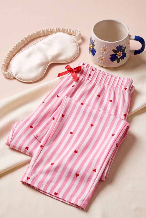 Women's Pajama Bottoms, Satin Ribbon, and Coffee Cup—3-Piece Gift Set