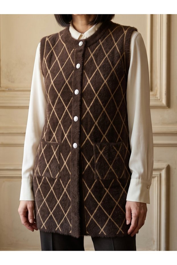 Crew Neck Tunic-Style Knit Soft Cardigan / Brown