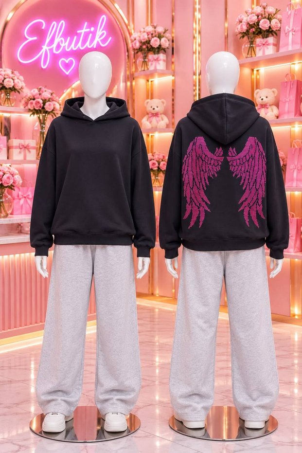 Black Hooded Sweatshirt with Back Print and Stone-Washed Sleeves