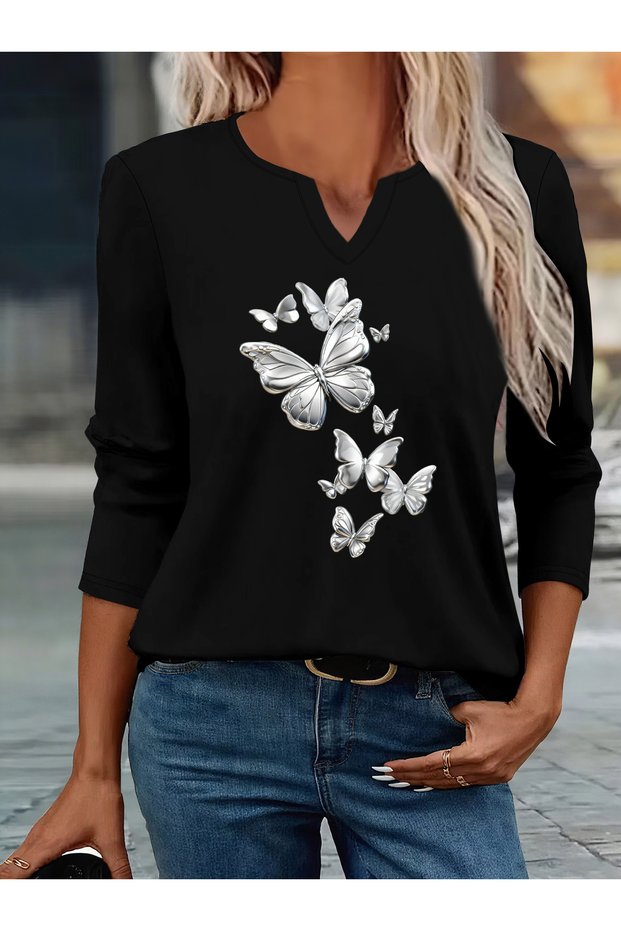 Printed Cotton-Stretch Fabric Half-V-Neck Long-Sleeve Blouse