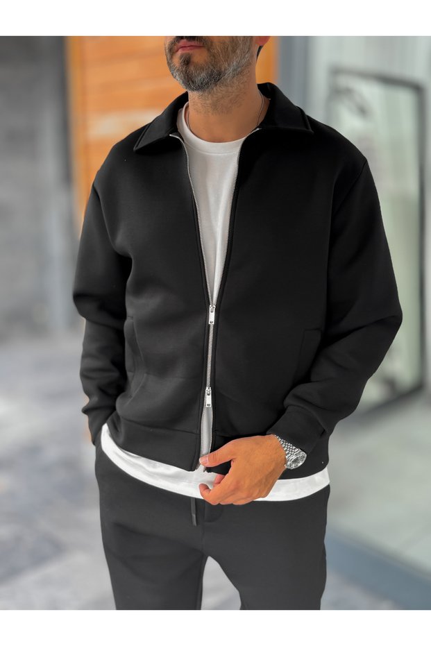 Black Zipper-Collared Sweatshirt MRK-2876