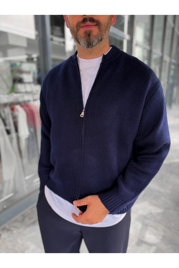 Navy Blue Basic Zipper-Front Knit Cardigan PM-017