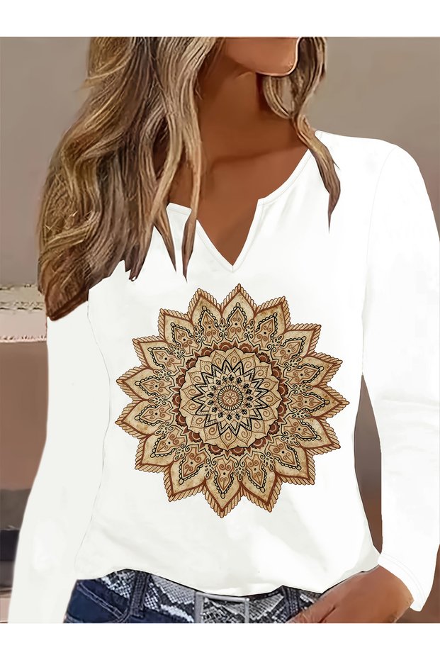 Printed Cotton-Stretch Fabric Half-V-Neck Long-Sleeve Blouse