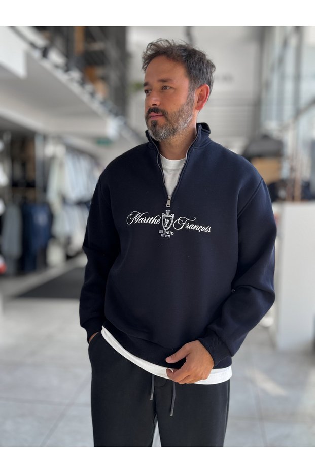 Navy Blue Half-Zip Marithe Print Sweatshirt PM-079