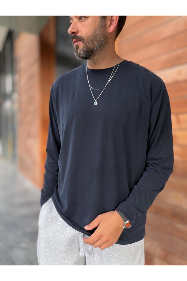 Navy Blue Washed Modal Fabric Sweatshirt MRK-2863