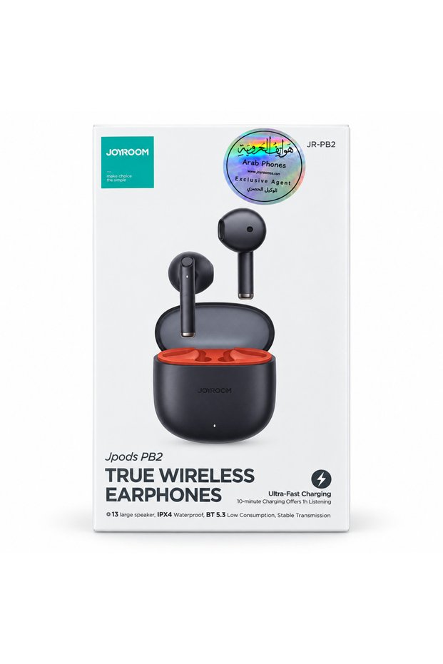 سماعات أذن لاسلكية حقيقية من نوع Jpods PB2 JR-PB2 مع علبة شحن - باللون الأسود.