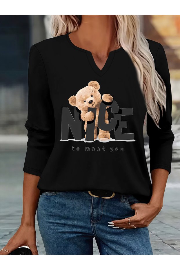 Printed Cotton-Stretch Fabric Half-V-Neck Long-Sleeve Blouse