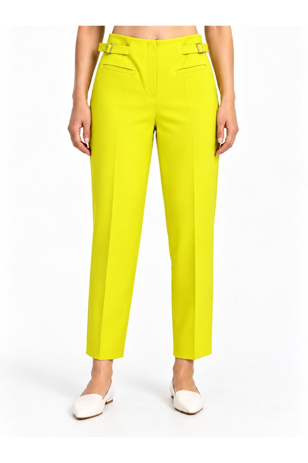 Women's High-Waisted Buckled Belt Pants with Pocket Detail, Stitched Front, and Ankle-Length Elegant Fabric