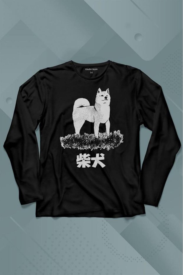 Black Akita, Japanese Dog, Shiba Inu, Samurai, Japanese-Printed Crepe Long-Sleeve T-Shirt