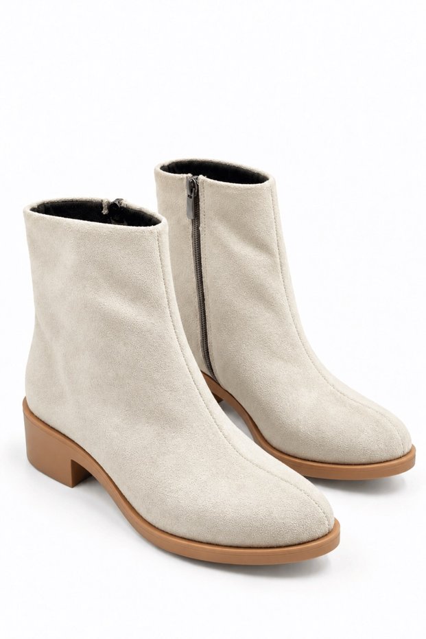 Shift Women's Suede Beige Boots with Seam Detail, Side-Zip Closure, Low Heel, and Non-Slip Sole—4.5 cm Heel