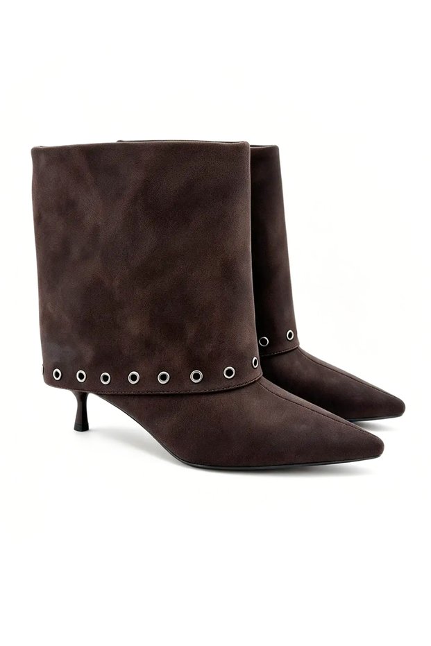 Rocio Bitter Coffee Nubuck with Metal Accents, Loose Fit Women's Ankle Boots