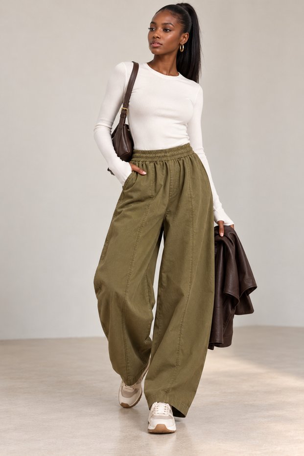 TENCEL™ Khaki Balloon-Cut Pants with Elastic Waistband
