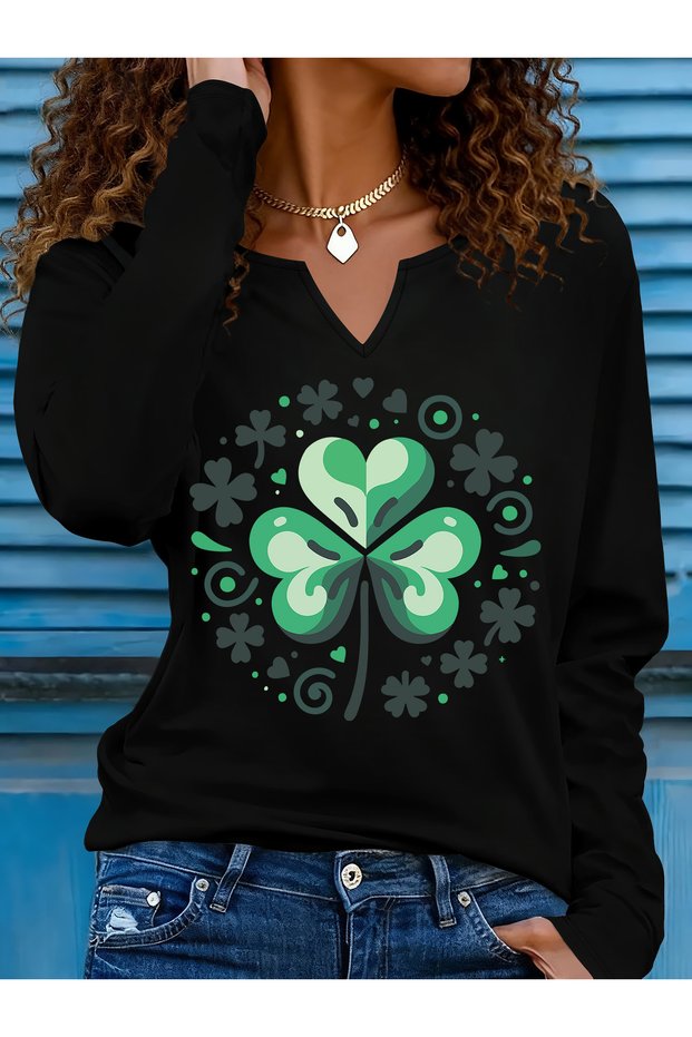 Printed Cotton-Stretch Fabric Half-V-Neck Long-Sleeve Blouse