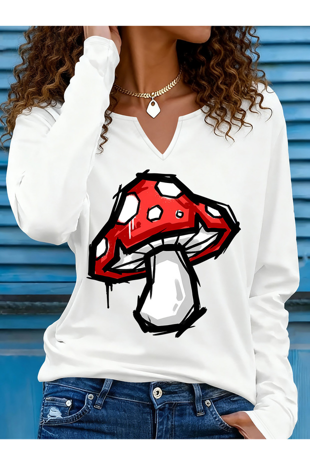 Printed Cotton-Stretch Fabric Half-V-Neck Long-Sleeve Blouse
