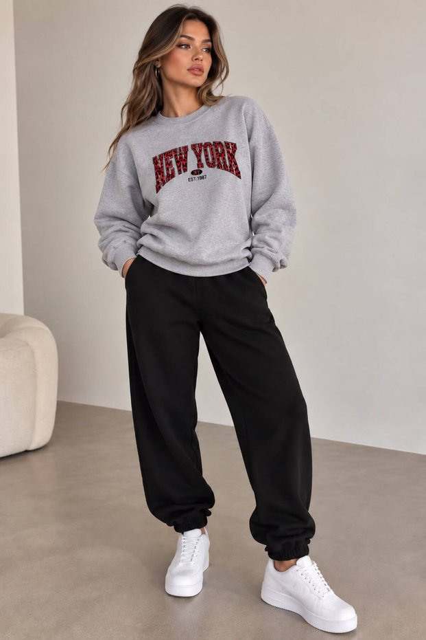 ZERO-COLLAR SWEATSUIT 2-PIECE SET WITH BRUSHED INSIDE SLEEVES, NEW YORK PRINT