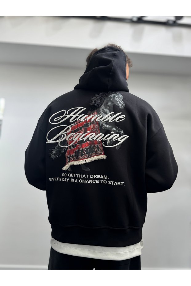 Black Humble Embroidered Hooded Sweatshirt TW-7070