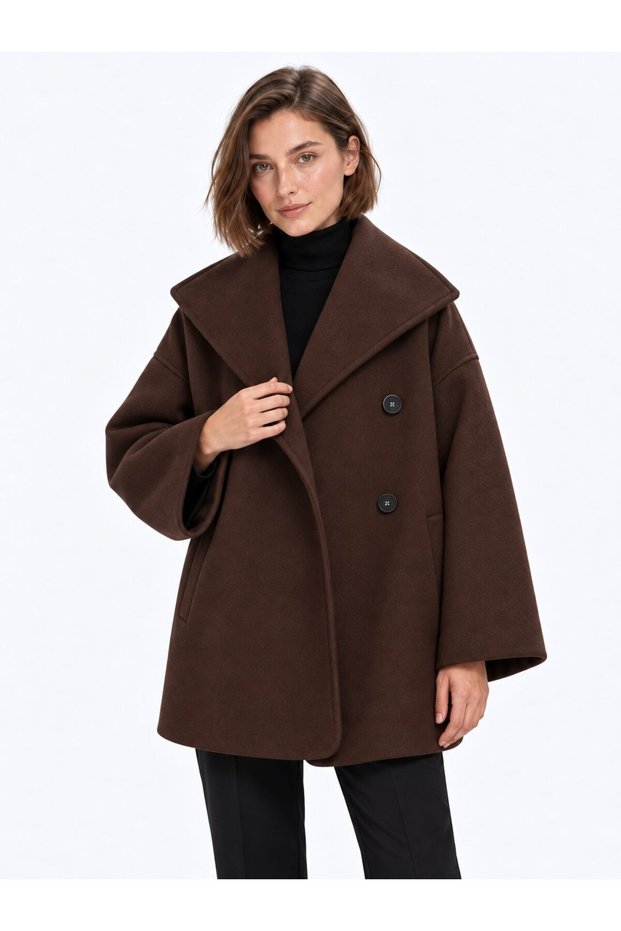 Brown Women's Oversized Double-Breasted Short Coat with a Wrap Neckline