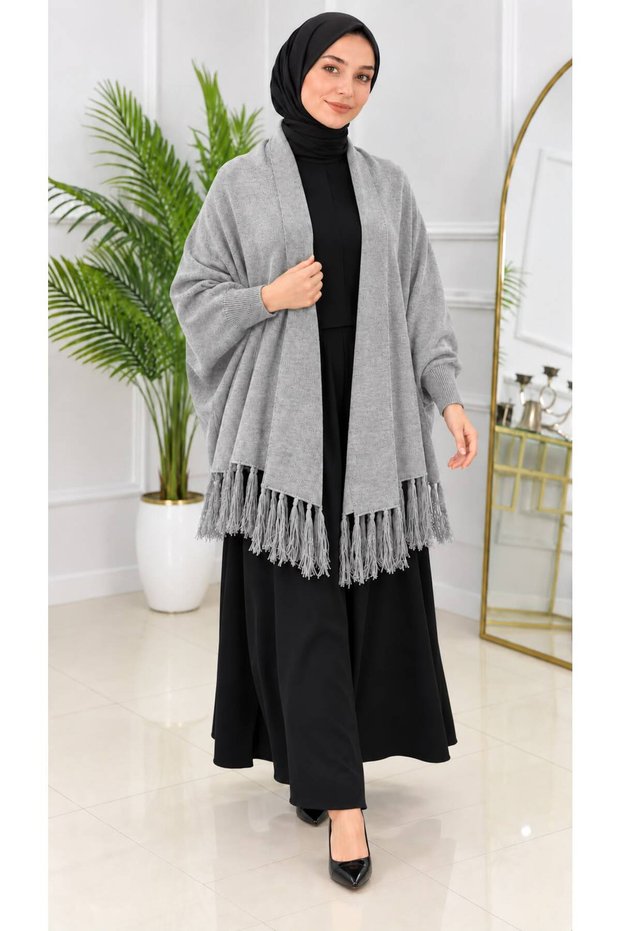 Women's Fringed-Sleeves, Ribbed-Cuffs, Loose-Fit Knit Chic Poncho, Standard Size