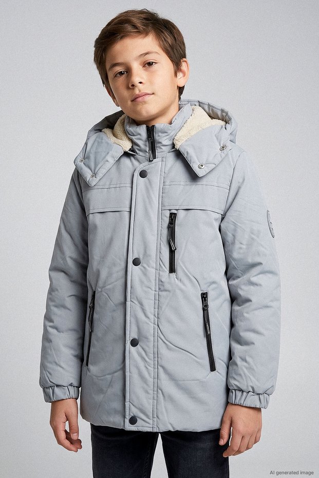 3-Zip Hooded Boys' Jacket with Plush Lining - 26K 1071
