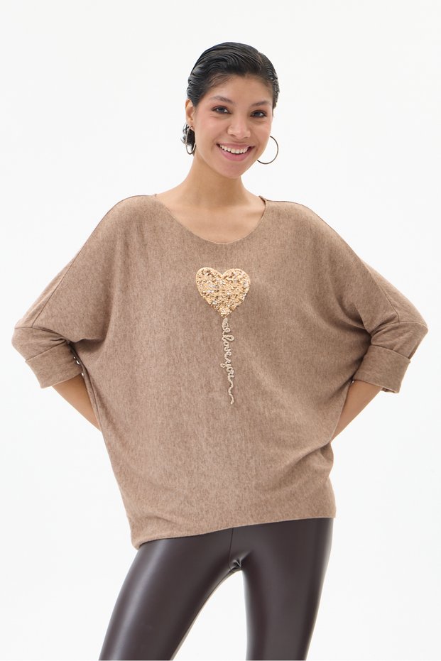 Women's Camel-Colored Italian-Patterned Sequin Knit Sweater, Sizes 40–46