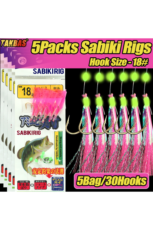 Size18 5Packs 5pcs Sabiki Drill Sea Fishing, Pre-Tied Bait Drill 30 Hooks, Luminous Beads and Artif