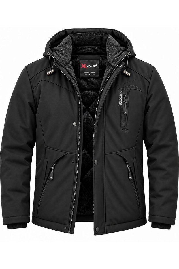 Outdoor hooded water and windproof quilted fleece-lined fiber-padded softshell jacket 7821