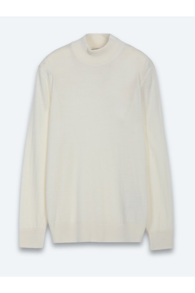 Ecru Half Turtleneck Plain Knit Wool Blended Sweater Sweater