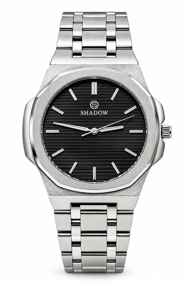 ASTERION SD1441-M Men's Analog Quartz Watch, Octagonal Stainless Steel Case, Black Textured Dial
