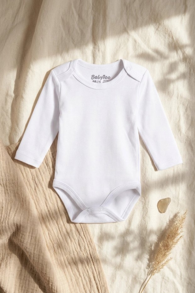 100% Natural Cotton Long-Sleeved Baby Bodysuit - Plain, No-Pattern, Soft, Non-Irritating Fabric