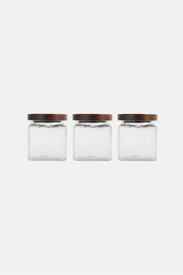 3 Pcs Glass Canisters With Acacia Lids, Transparent